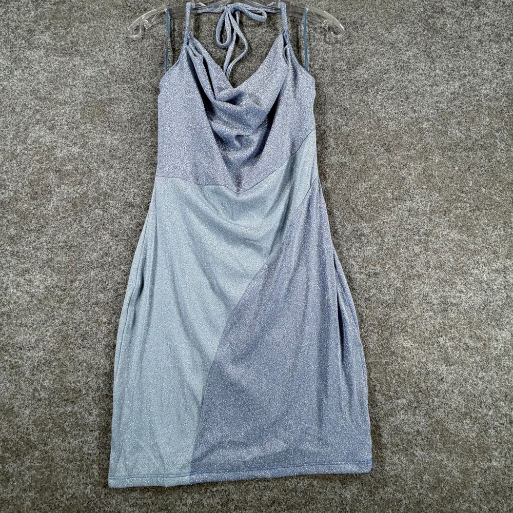 NWT Naked Wardrobe Shimmery Halter Dress Womens L Blue Cowl Neck Stretch Bodycon